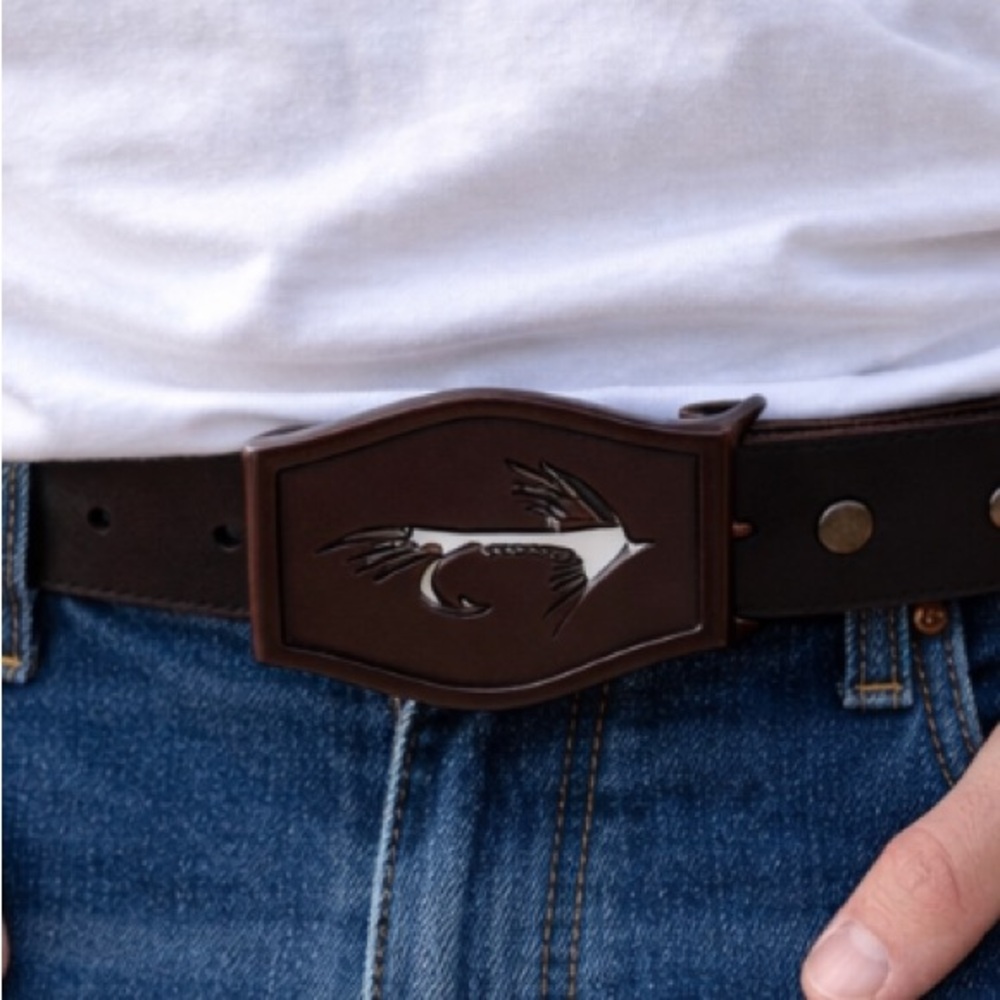 Foster Weld Men's Brown Leather Belt 2X Pant Sz 38 Buckle 1.5" Wide Fly Fishing